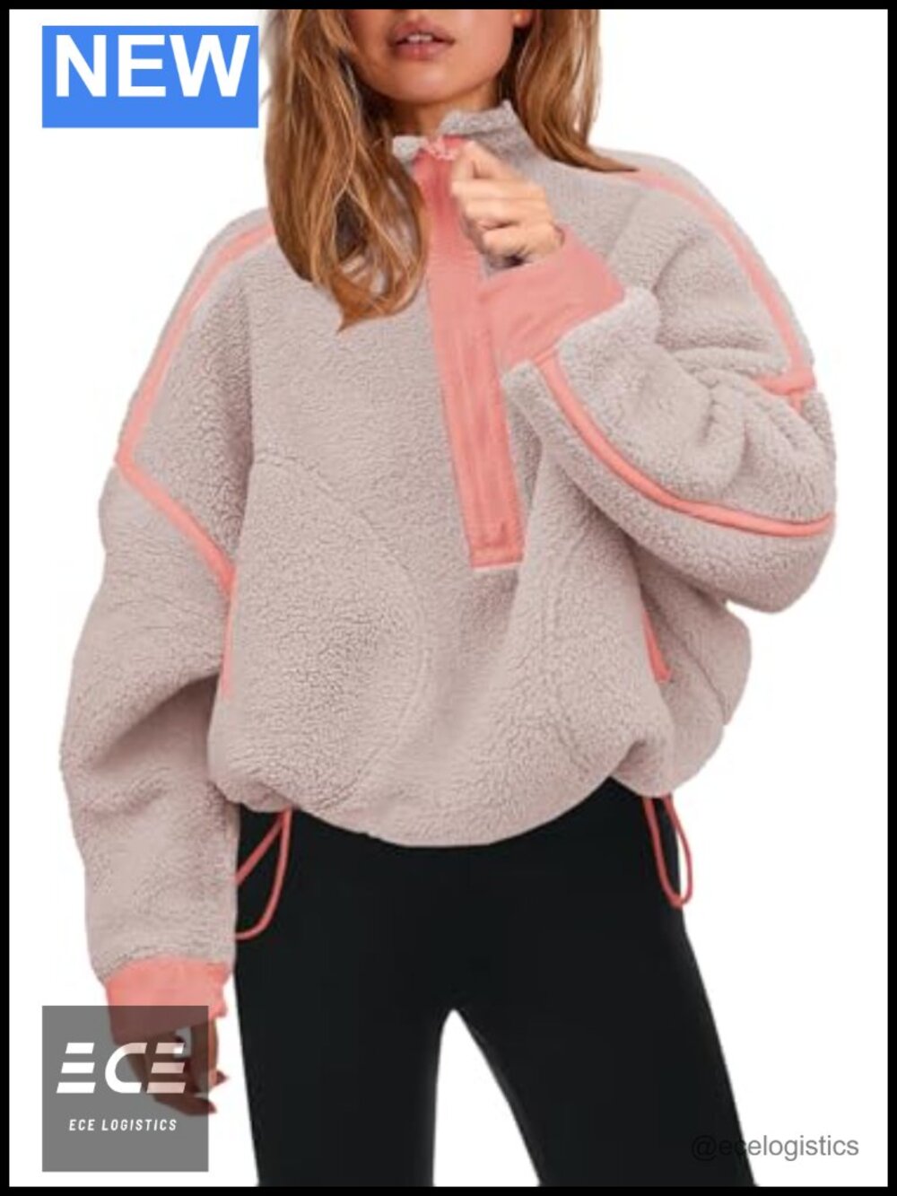 Womens Half Zip Fleece Pullover Sherpa Jacket Oversized Zip Pockets